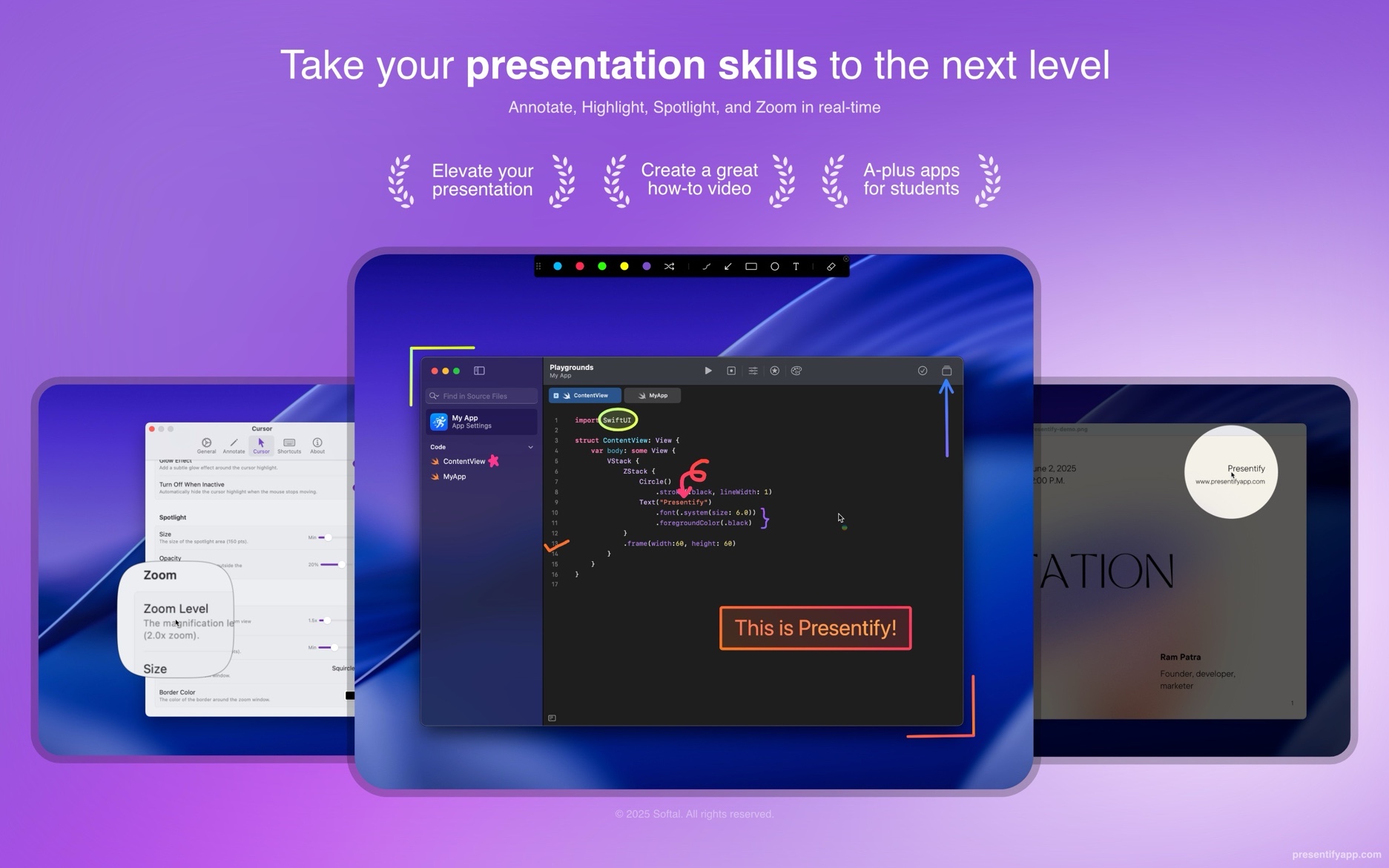 Presentify annotation toolbar open at the bottom of a Mac screen with pen, shape, and colour tools