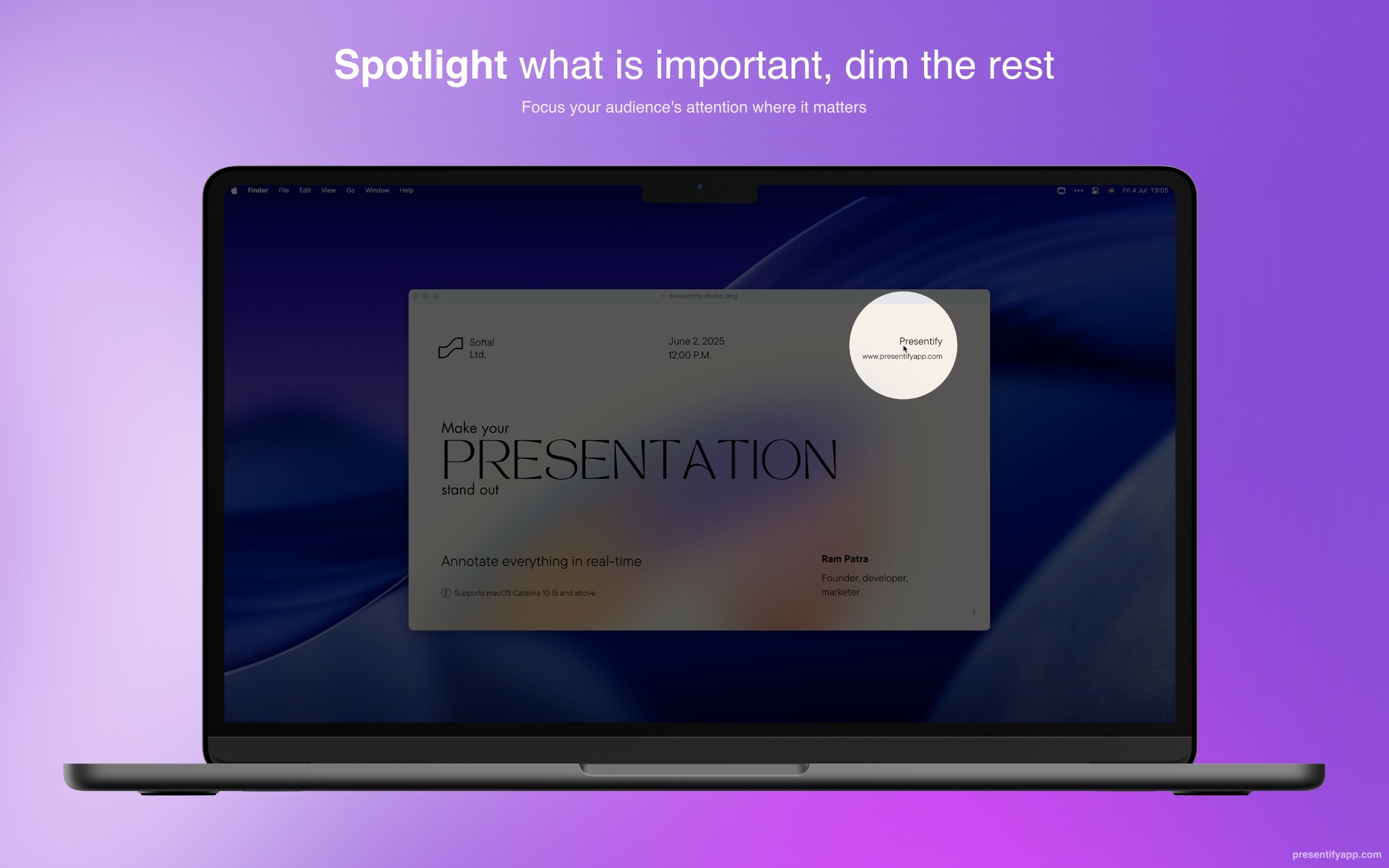 Presentify spotlight dimming a Mac screen around the cursor