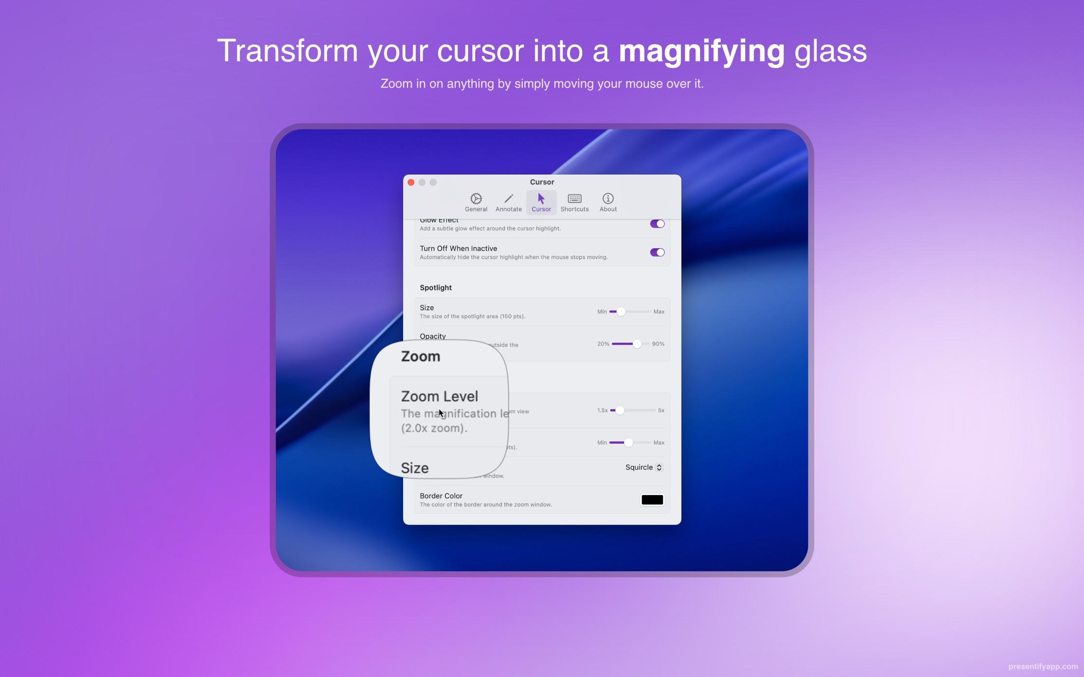 Presentify zoom magnifying a small area of a Mac screen