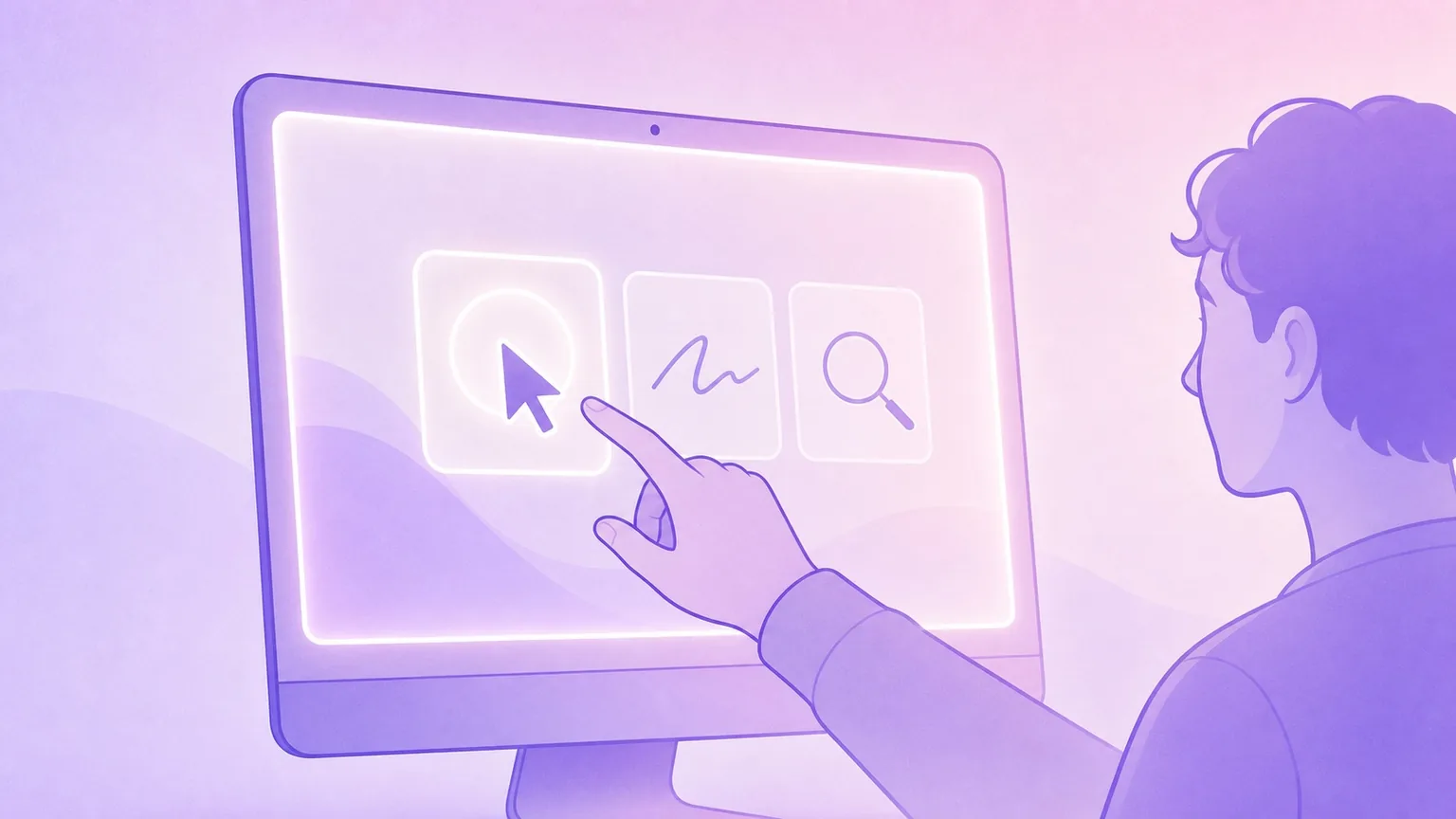 Minimal illustration of a person selecting Presentify feature tiles on a Mac screen